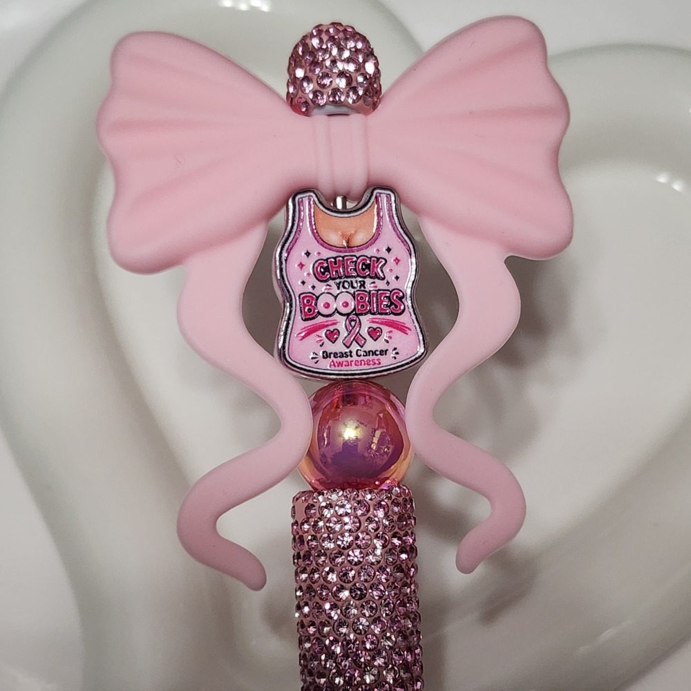 Breast Cancer Beaded Pen Pink Check Your Boobies Black Ink Gift Refillable